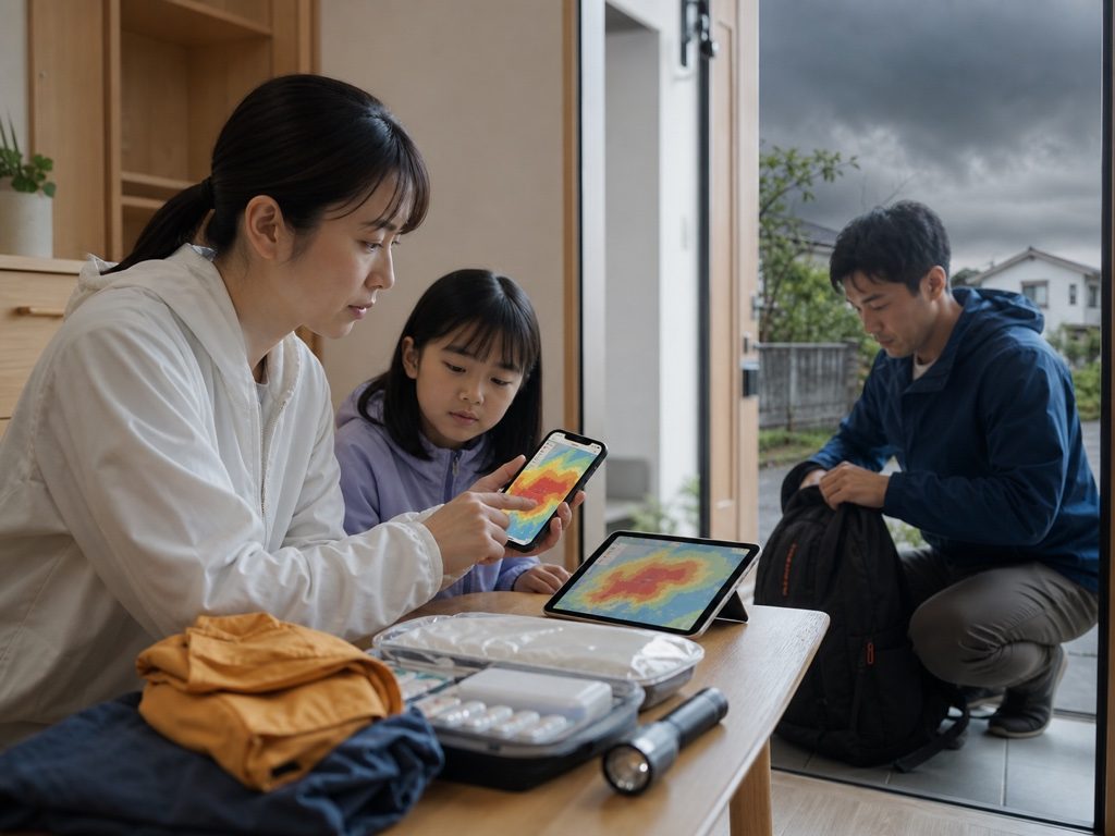 スマホとタブレットで危険度分布を確認し、非常持ち出し品を準備する家族