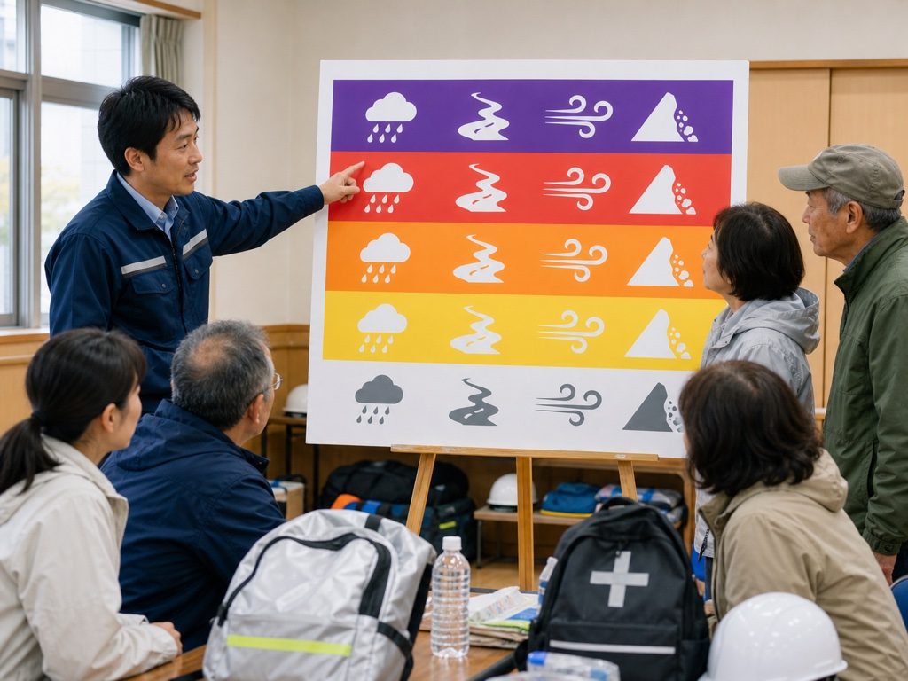 防災講習で警戒レベルと気象情報の対応表を説明する様子