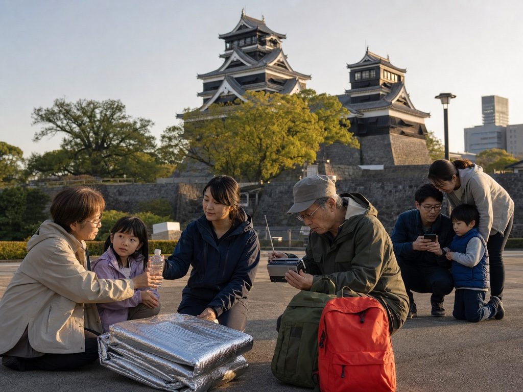 非常持ち出し品や防災ラジオ・水を囲み、家族や近所で助け合う人々（イメージ）