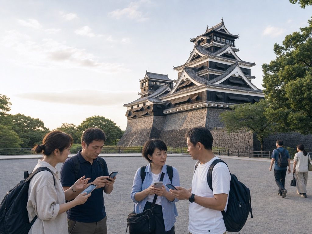 熊本城周辺でスマートフォンから地震・津波情報を確認する人々（イメージ）