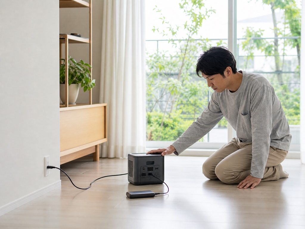 風通しのよい室内でポータブル電源を純正ケーブルで充電する様子