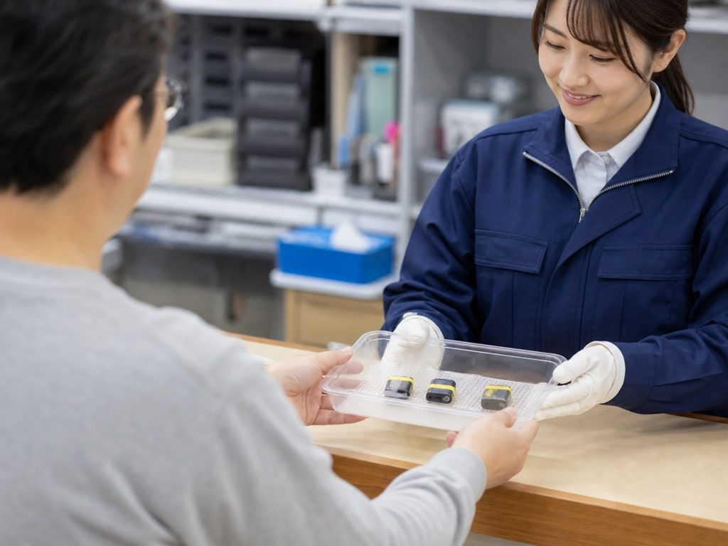 端子を絶縁した使用済み電池を家電量販店の回収カウンターに出す様子