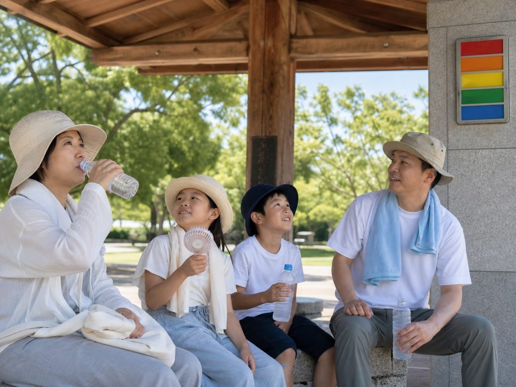 日陰で帽子・タオル・携帯扇風機を使い、こまめに水分補給する家族