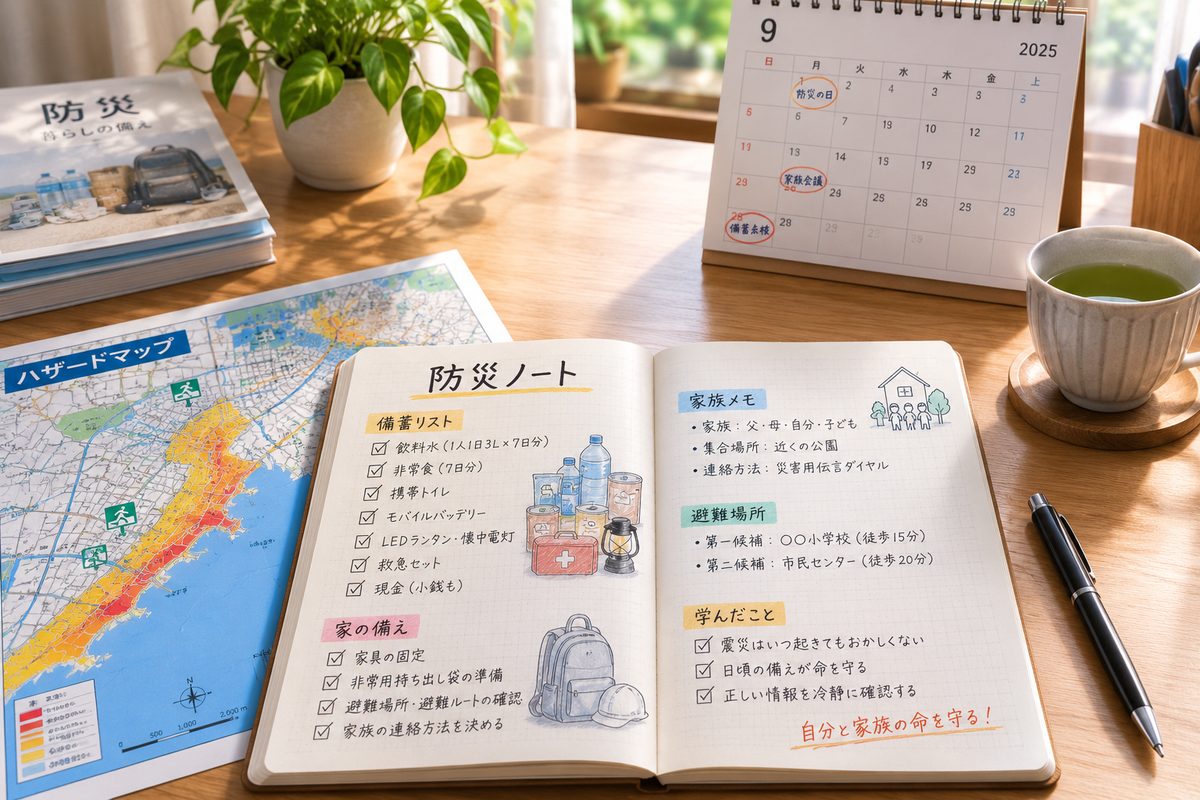 防災ノートに学んだことを書き出し、ハザードマップで備えを見直す様子